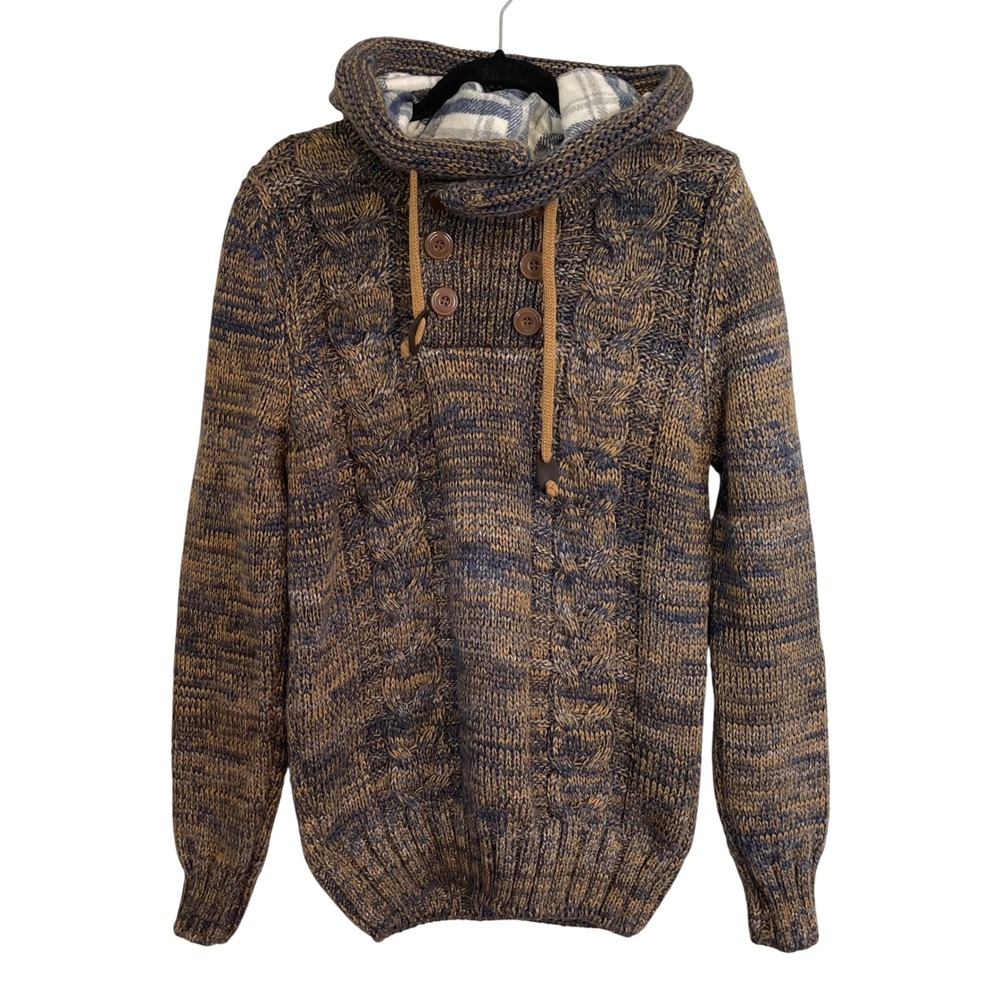 Leif Nelson Mens Cable Knit Shawl Collar Hoodie Sweater Brown Blue Large Turkey